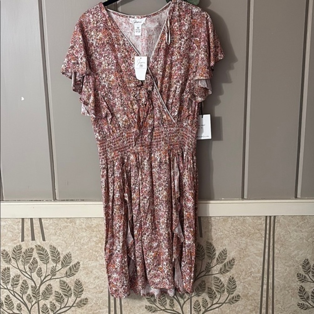 NWT JAPNA M pink floral dress with flutter sleeves and hair tie included